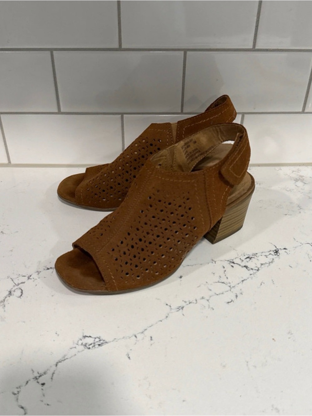G.H. Bass & Co. Tan Suede Peep-Toe Laser-Cut Block Heel Sandals